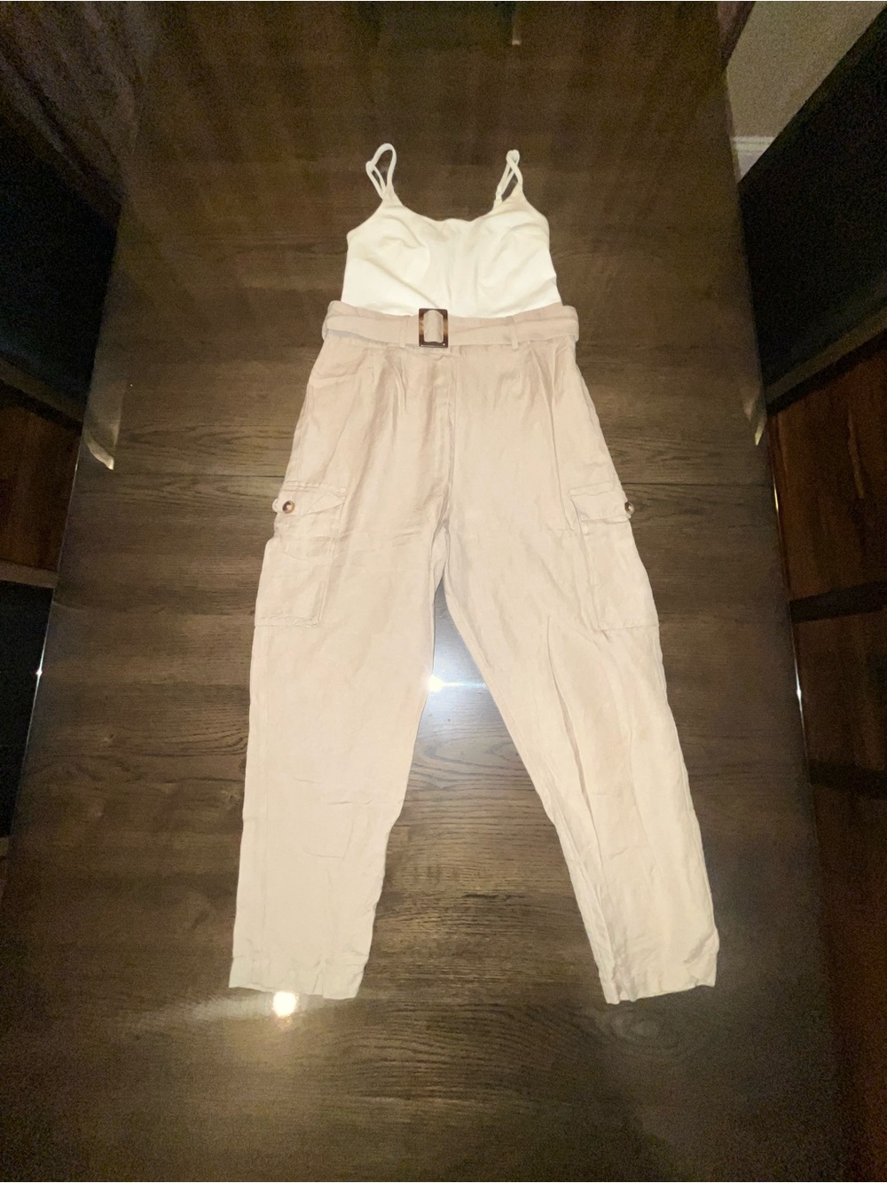 Express Beige & Cream Utility Jumpsuit with Belted Waist
